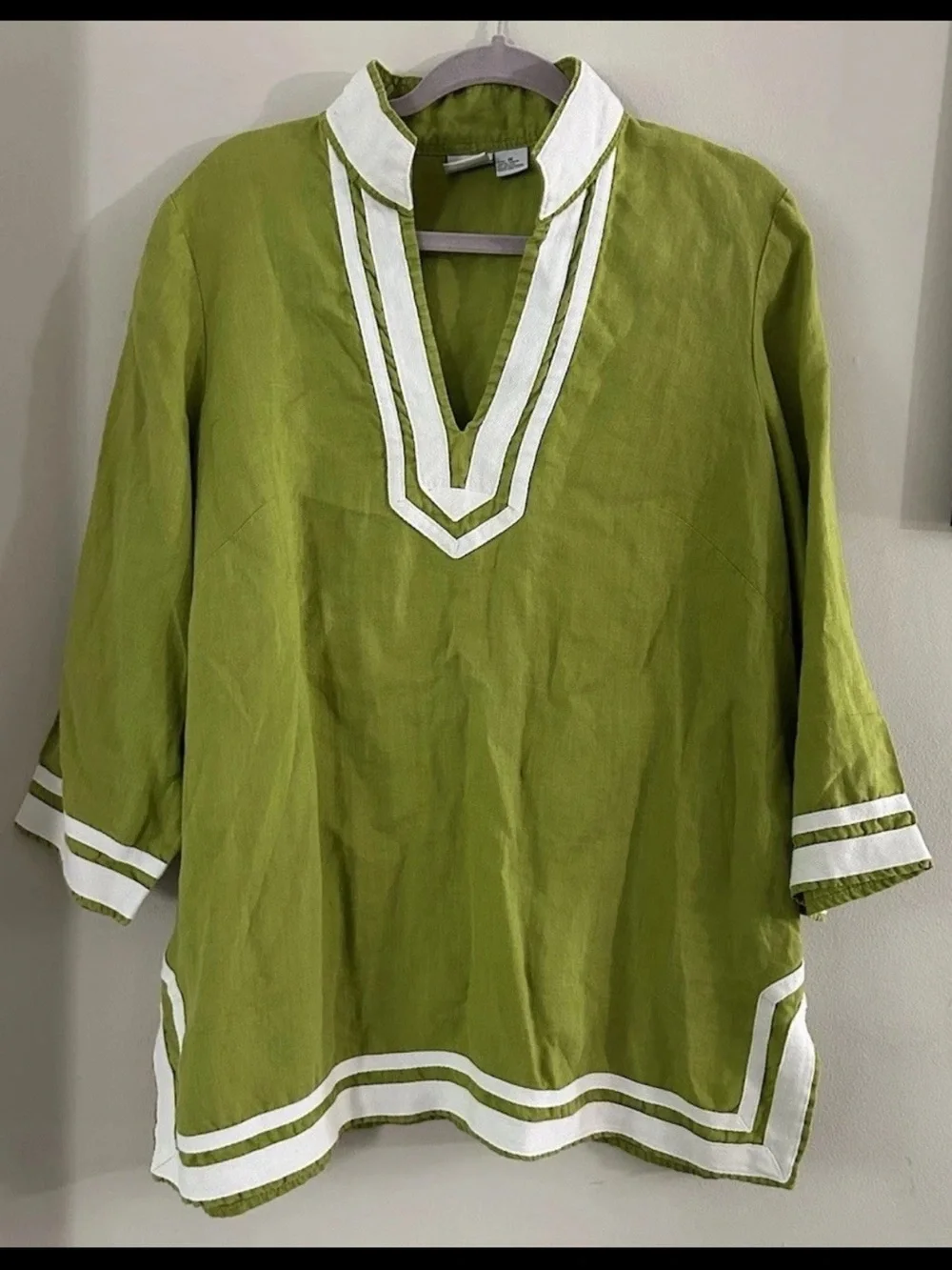 Alexandra Bartlett Top Tunic Blouse Popover 1X Green 100% Linen 3/4 Sleeve Split - Picture 1 of 8